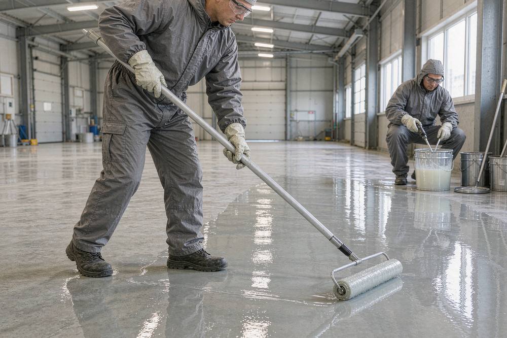 Workers applying two-component epoxy coating with rollers on a warehouse concrete floor