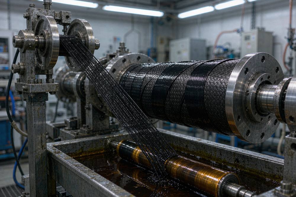 carbon fiber filament winding machine drawing resin wet tow through an epoxy bath onto a rotating mandrel