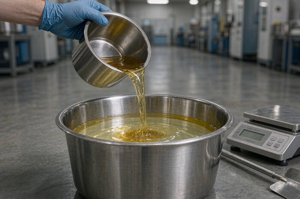 gloved operator metering pale amber DMTDA amine hardener into a pail of polyurethane prepolymer on a casting line