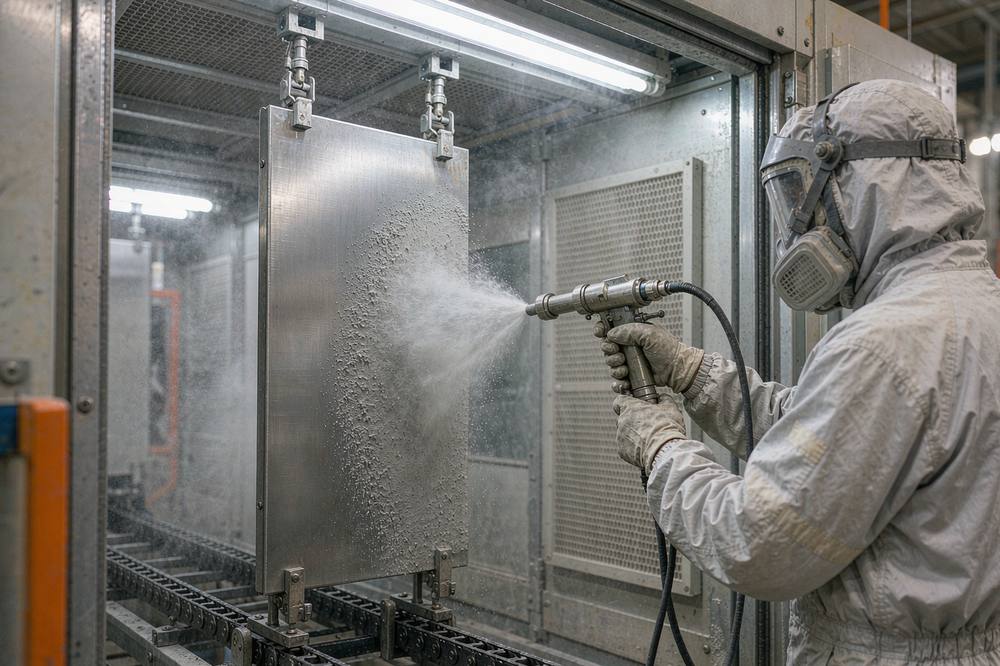 worker spraying polymer powder from an electrostatic gun onto a steel panel in a coating booth