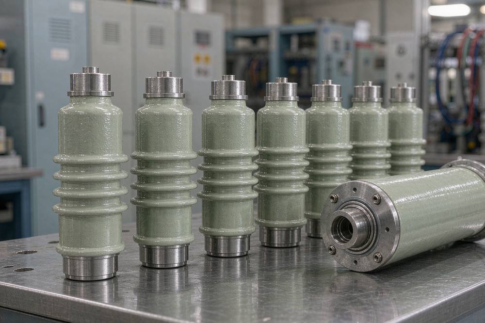 row of cast epoxy resin insulators and a potted capacitor on a stainless steel inspection table