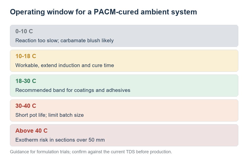 Temperature bands for a PACM-cured ambient system, from slow cure below 10 degrees to exotherm risk above 40 degrees